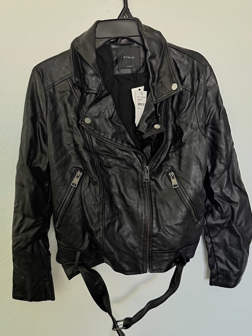 Elodie Black Leather (Faux) Moto Jacket with Belted Waist